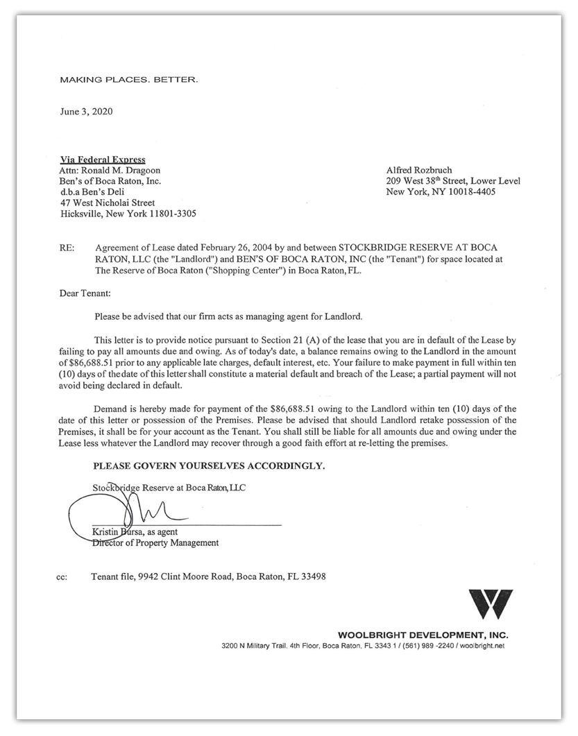 Ben's Letter Regarding Boca Raton Lease